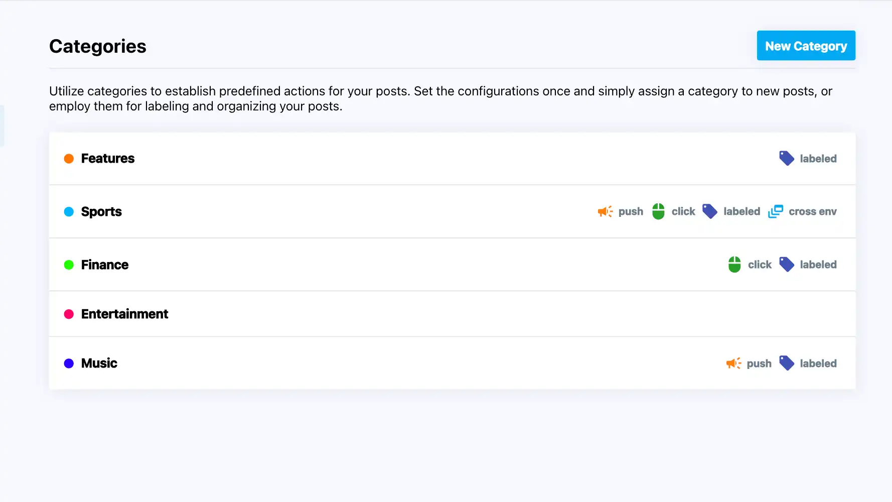 Appdate.io screen focused on the categories settings.