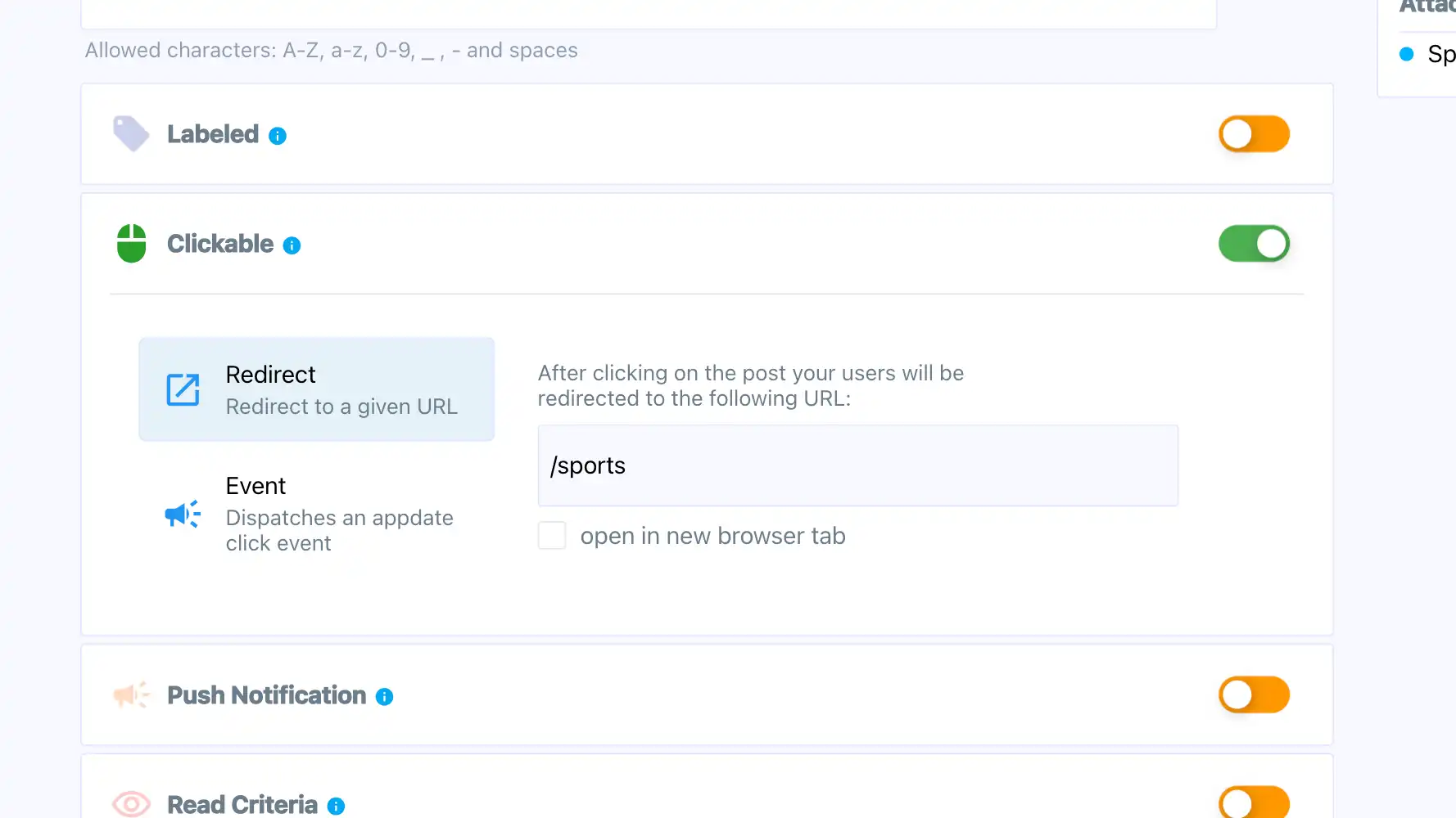 Appdate.io screen focused on clickable posts settings.