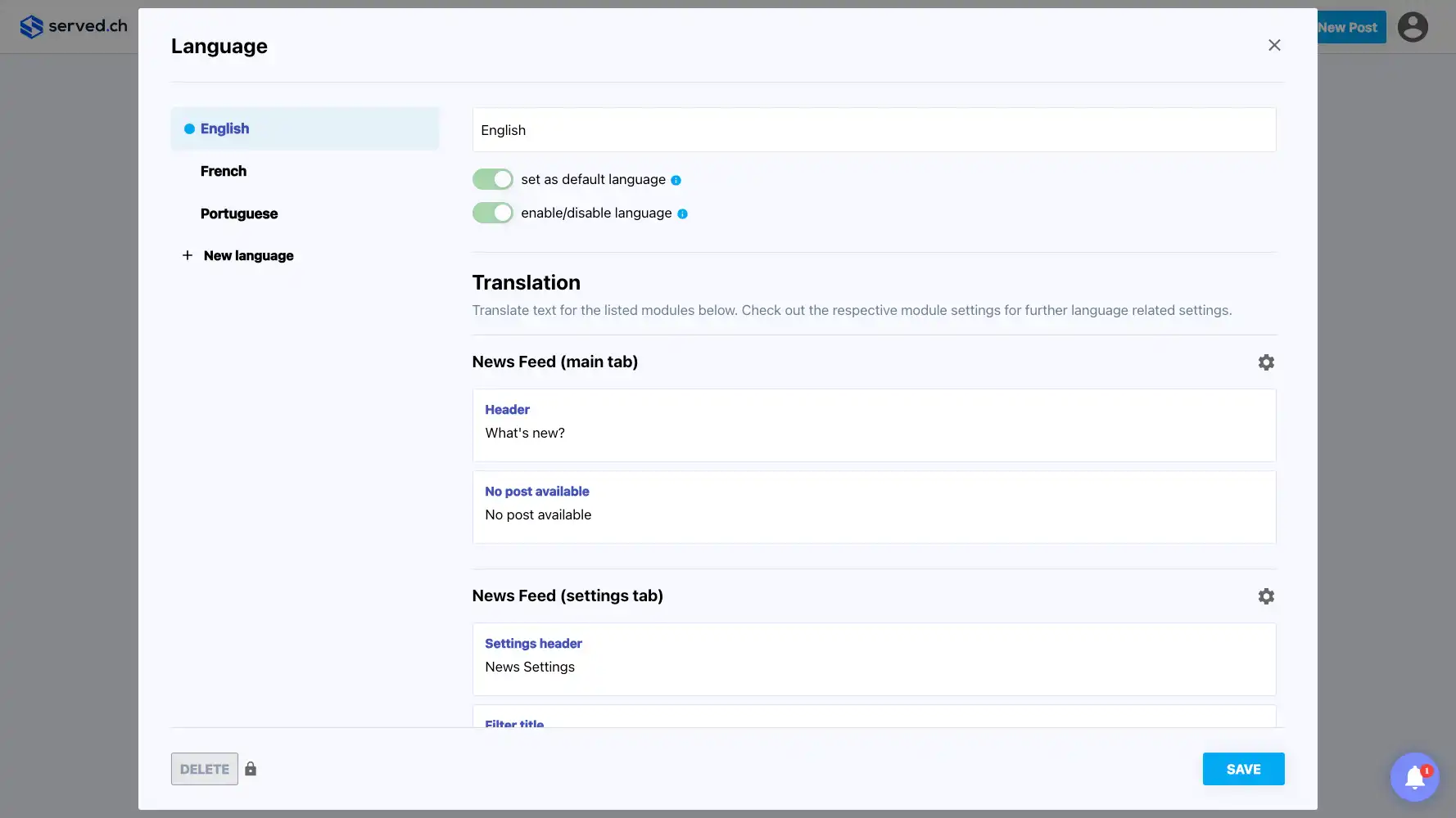 Appdate.io screen focused on languages settings.