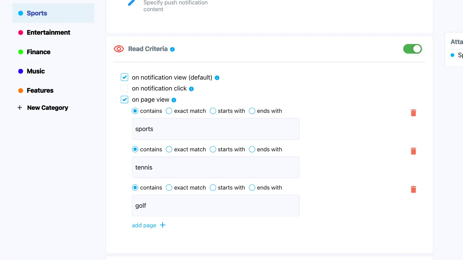 Appdate.io screen focused on read criteria settings.