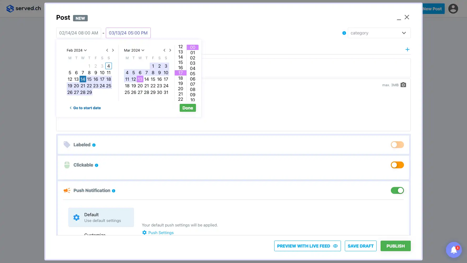 Appdate.io screen focused on post scheduling settings.